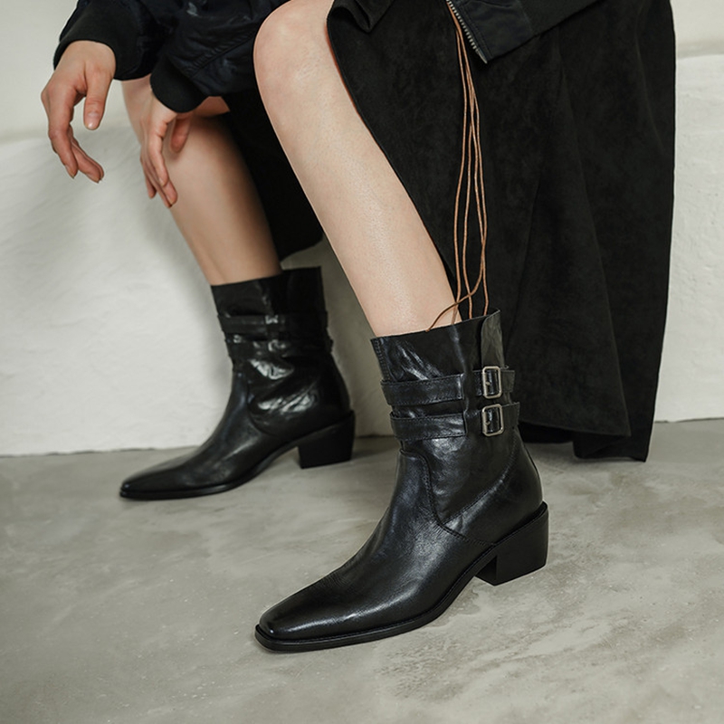 Leather Classic Strap - 秋の新作レディースブーツ、本革製スクエアトゥチャンキーヒールスリッポンブーツ、ベルトバックル付きモダンブーツ、デイリーシューズ