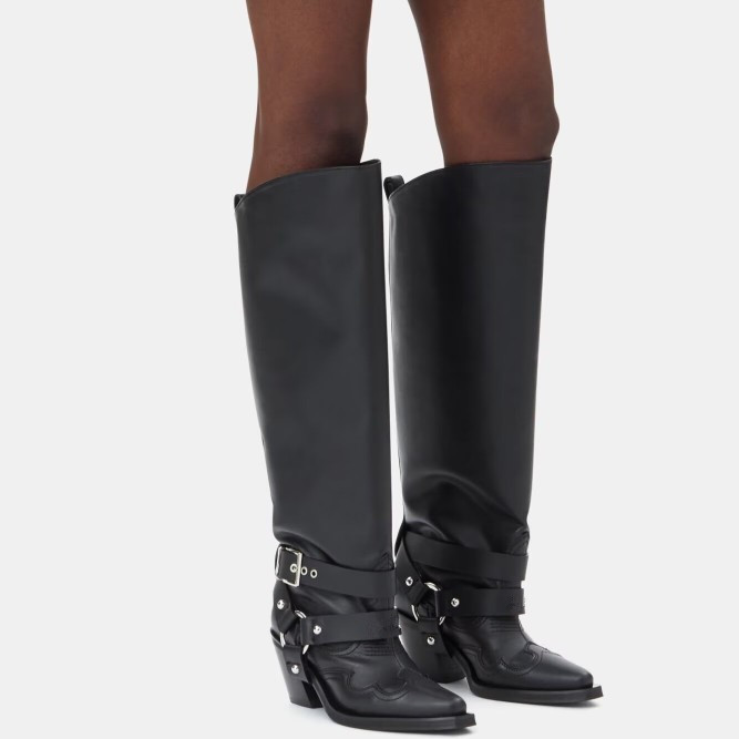 Leather Classic Strap - レディース ブラック レザー ニーハイ カウボーイブーツ バックルストラップ付き